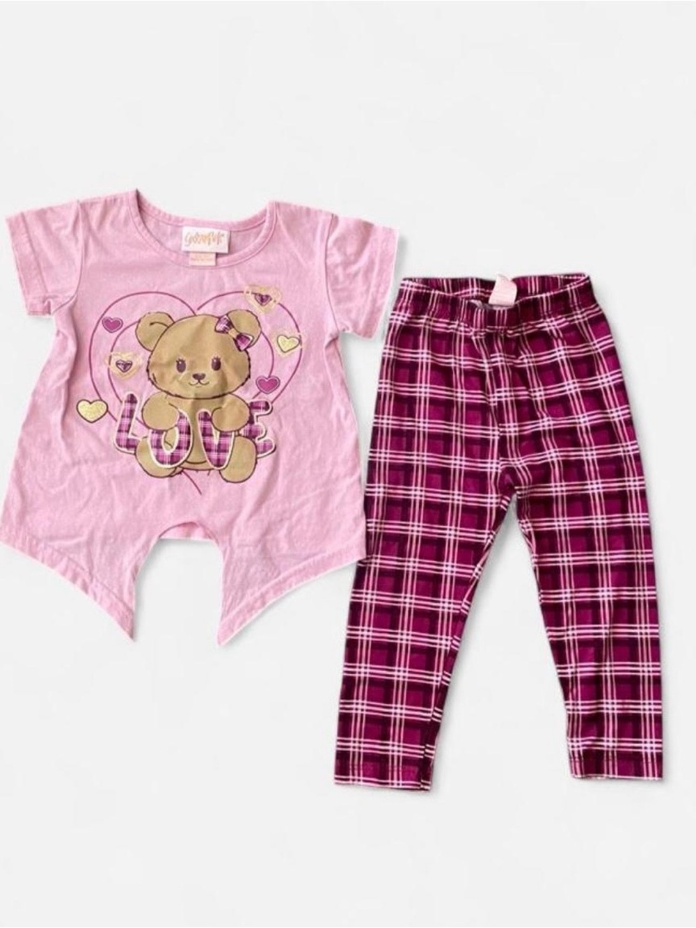 Pink Bear Graphic Pajama Set with Magenta Plaid Leggings